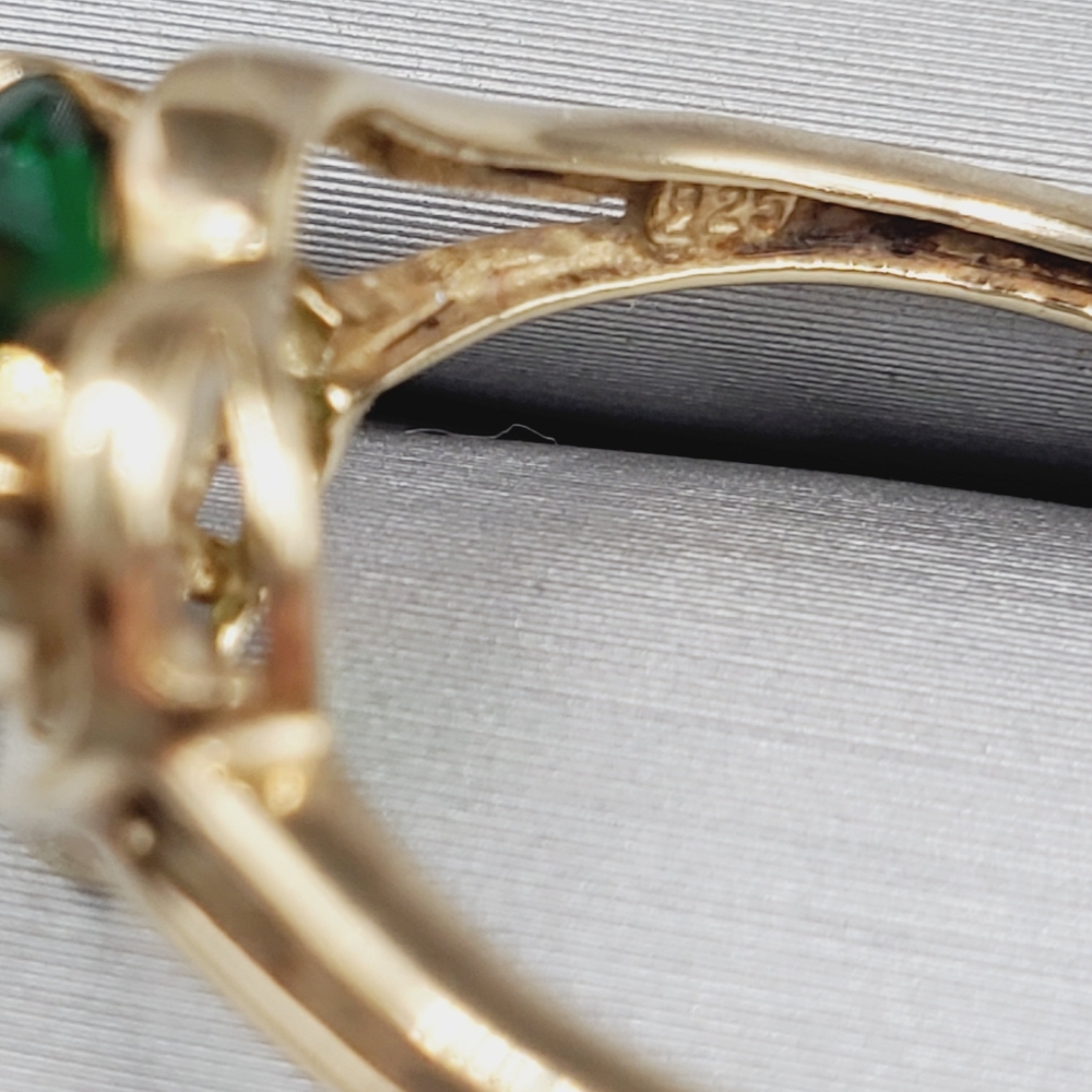 14k Yellow Gold plated Emerald Heart & Diamond 925 sterling silver Ring - Picture 5 of 7